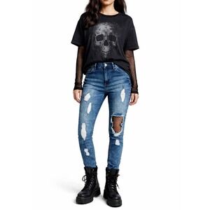 Womens Grunge Skinny Jeans Acid Wash Distressed High Waisted Rocker Skater Sz 9